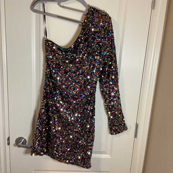 NWT LOVE & LEMONADE Women's One Shoulder Bodycon Sequin Dress Multicolored - Picture 7 of 8